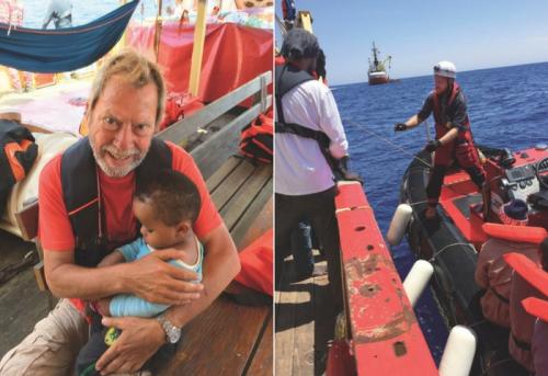 Frank Kadow mit einem geretteten Kleinkind &#40;links&#41;; Flüchtlinge werden per Schlauchboot in Sicherheit gebracht &#40;rechts&#41;. Foto: privat