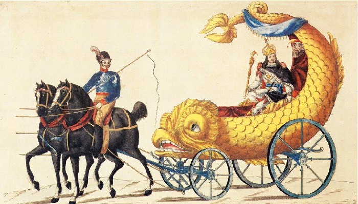 Der Held Karneval – Vorläufer des Prinz Karneval – hatte 1823 seinen ersten Auftritt. Er fuhr mehrere Male am Rosenmontag in einem mit Blattgold verzierten Delfinwagen im Maskenzug mit. Zeichnung: Kölnisches Stadtmuseum